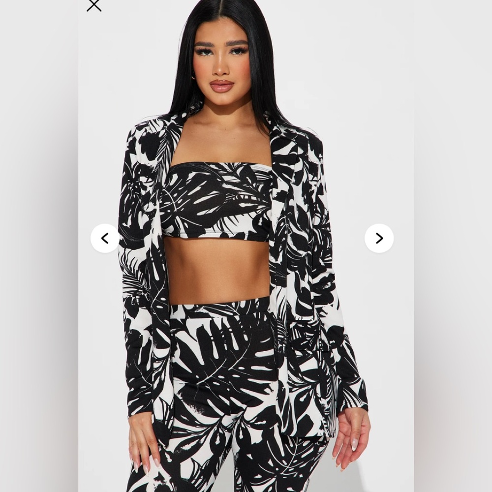 Tropical Vibe 3 Piece Pant Set - Black/White High-Rise Leaf Print Flared Pants - Picture 2 of 5